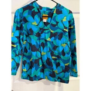 Ruby Rd Womens Blue Teal Abstract Geometric Sequin Split Neck Long Sleeve Top M